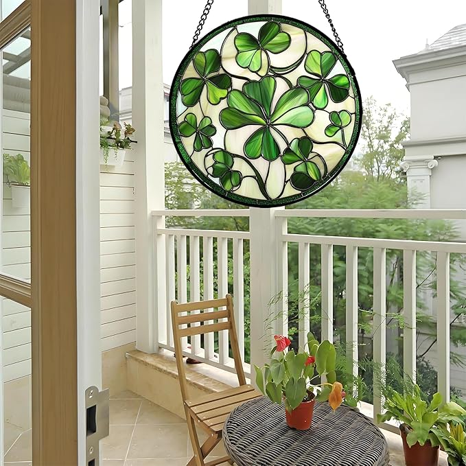 CRISGIF Stained Glass Window Hanging - Ireland Green Lucky Clover Suncatcher for Doors Garden St. Patrick's Day Sun Catchers Decor Mother's Day Birthday for Women Men Mom Nana 15 in