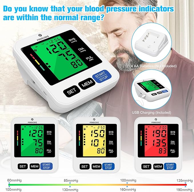 Panacare Blood Pressure Machine, Automatic Upper Arm Blood Pressure Monitor for Home use, 2x99 Readout and BP Cuff, 3.4" 3-Color Backlit Screen, Adjustable Large Cuff (8 to 16 inches), Black