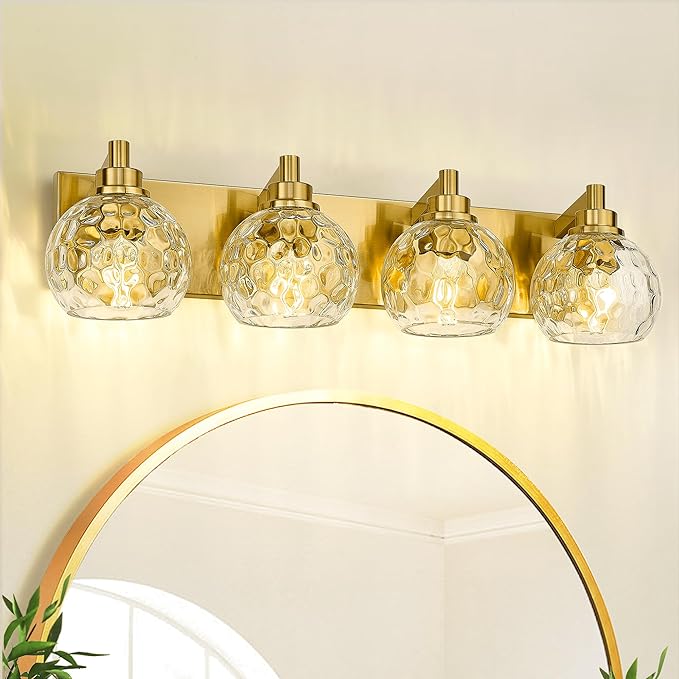 METWET Bathroom Light Fixtures Over Mirror, 26" Brushed Gold Bathroom Vanity Light with Clear Hammered Glass Globe Shade, 4-Light Modern Sconces Wall Lighting, VL200-BG-CL-4