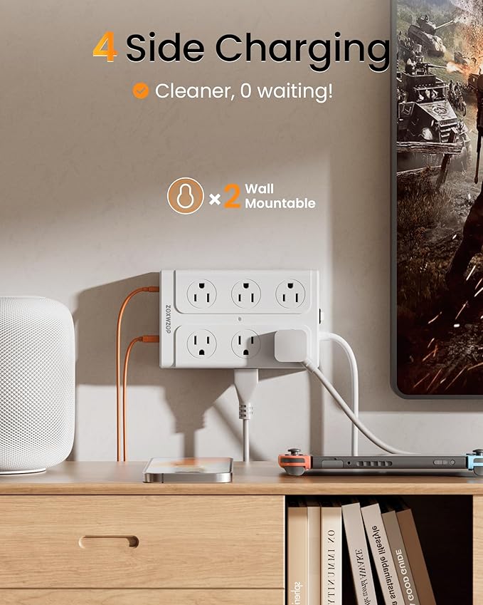 Zoxwzop Surge Protector Power Strip – 10FT Extension Cord with 12-Outlet 4 USB-A & 2 USB-C Ports, 1850W/15A, Flat Plug, Wall Mountable – ETL Listed for Home, Dorm Room