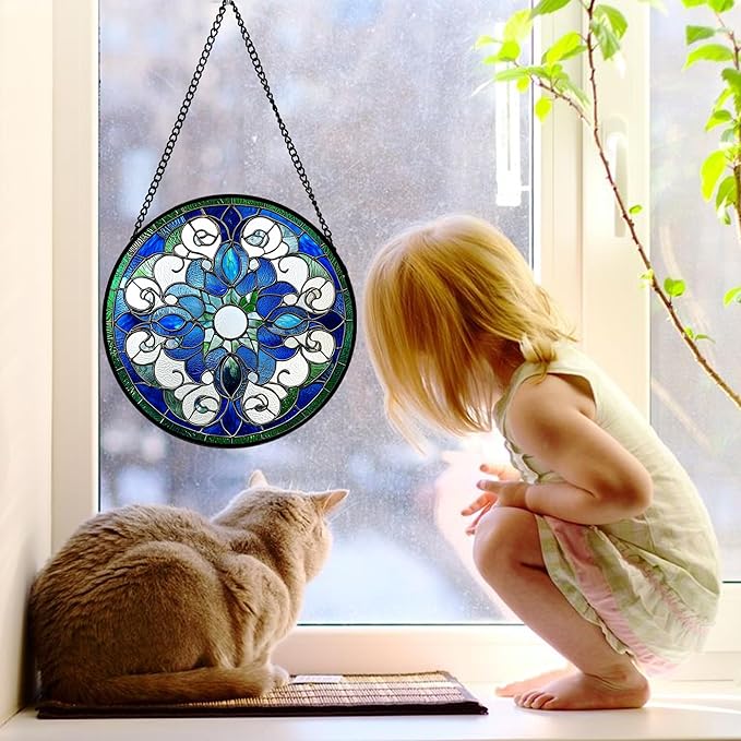 DASTOLL Stained Glass Window Hanging, Boho Style Sun Catchers Diamond Glass Panel Hangings Tiffany Suncatcher Decor for Birthday for Women, Men, Wife, Aunt, and Mom 7.8 in