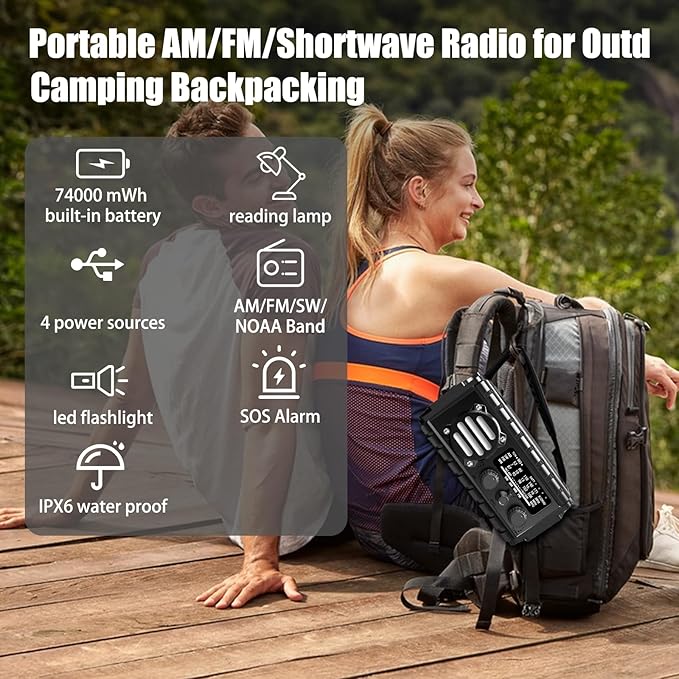 20000mah Hand Crank Emergency Radio, SW/NOAA/AM/FM Weather Radio, Solar Powered Hand Crank Charger with Big Battery Powered, Portable, Cellphone Charge, SOS, Flashlight for Emergency/Home (Black)