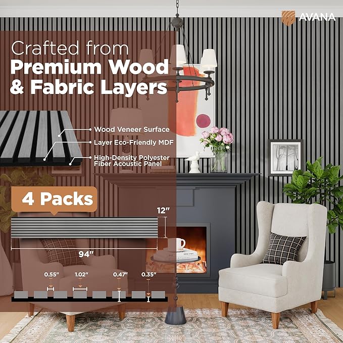 Avana Acoustic Wood Wall Panels – 94.4 x 12.6 Inch Gray Oak Acoustic Panels 4 PCs – Wall Panels For Interior Wall Decor For Homes, Offices, Studios – Pleasing Decorative Wood Panels For Wall