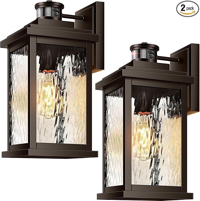 VIANIS 2 Pack Large Adjustable-Sensitivity Motion Sensor Outdoor Lights, Oil-Rubbed Bronze Porch Light with Tempered Ripple Glass, Aluminum Waterproof Outdoor Light Fixture, Exterior Lights for Garage