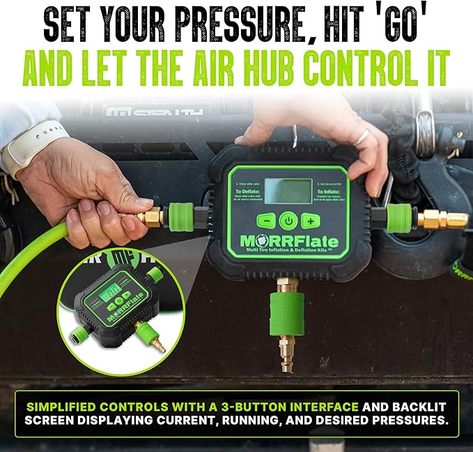MORRFlate Air Hub + Air Hub Hoses Quad 155" Wheelbase 4 Tire Inflation Deflation System with Air Hub Automatic Digital PSI Controller High-Flow Solenoids Fast Efficient Multi Tire Inflation Deflation