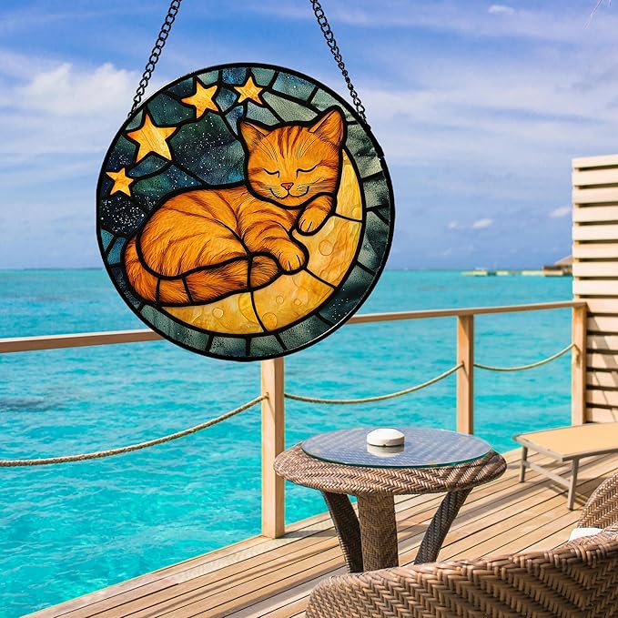 AMDERVEN Stained Glass Window Hanging - Orange Cat Sun Catcher for Door Home Decor Stars and Moon Suncatcher Christmas Mother's Day Birthday Loss of a Pet Gifts for Women Men Mom Nana 6.3 in