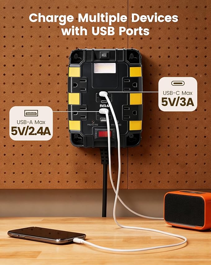 SURAIELEC Magnetic Power Strip, 1080J Surge Protector, 4 Outlets, 2 USB-A & 2 USB-C, 6 Ft Cord, Dual Magnets & 4 Mounting Holes, ETL Listed
