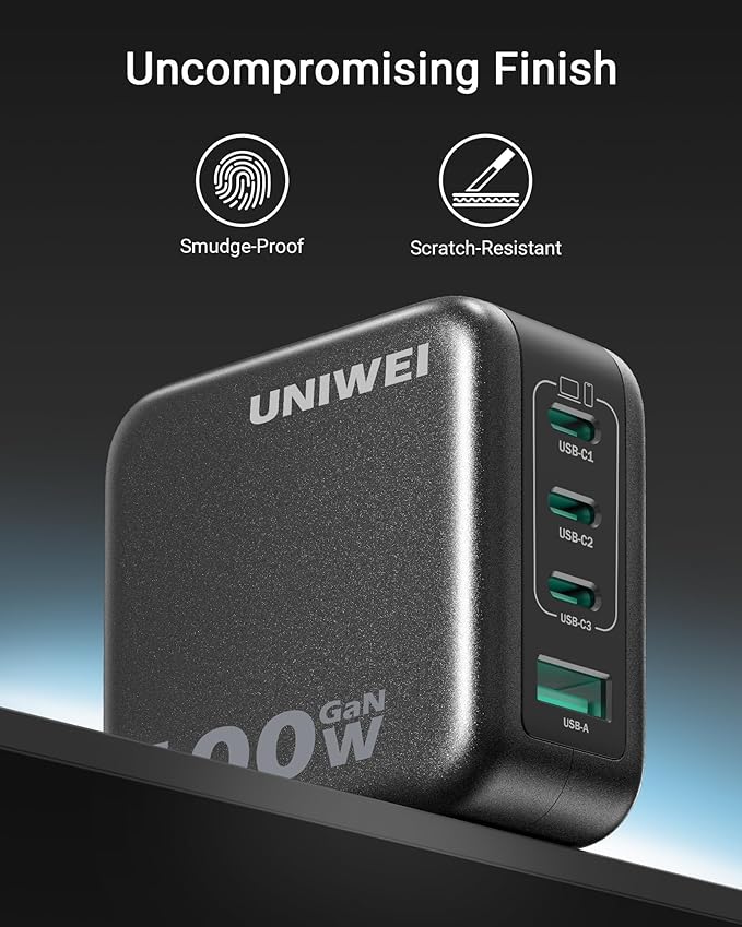 UNIWEI 100W USB C Charger Block, 4-Port GaN and Ultra-Compact Wall Adapter, for MacBook, iPhone 17/16 Series, Samsung Galaxy, Pixel, and More