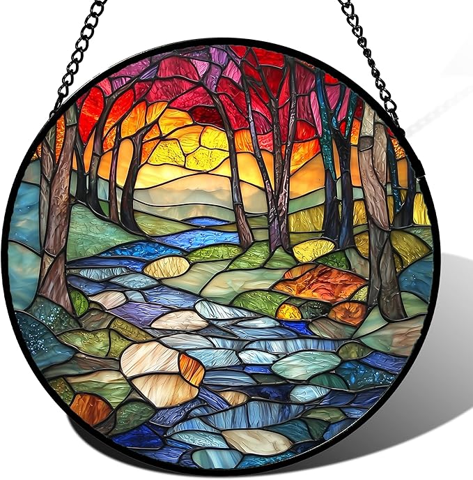 AMDERVEN Stained Glass Window Hanging, Red Tree Abstract Sunset Lake Sun Catcher for Window Home Decor Landscape Suncatcher Mother's Day Birthday Gifts for Women Men Mom and Nana 9.8 in