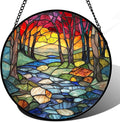 AMDERVEN Stained Glass Window Hanging, Red Tree Abstract Sunset Lake Sun Catcher for Window Home Decor Landscape Suncatcher Mother's Day Birthday Gifts for Women Men Mom and Nana 7.8 in