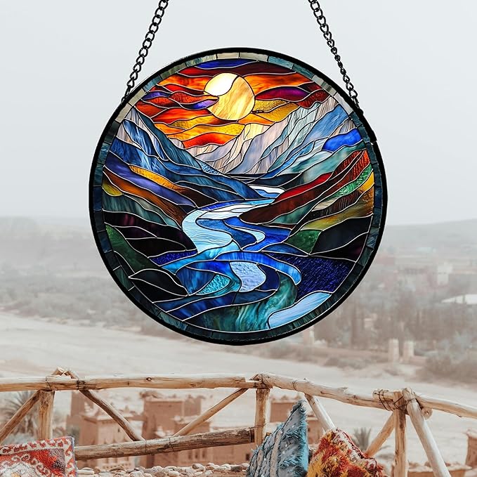 AMDERVEN Stained Glass Window Hanging, Canyon Mountains Sunset View Sun Catcher for Window Home Decor Landscape Suncatcher Mother's Day Birthday Gifts for Women Men Mom and Nana 11.8 in