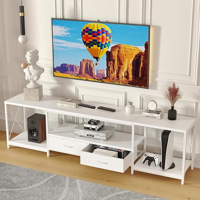 GYIIYUO TV Stand with Fabric Drawer for 65 70 75 Inches TV - Entertainment Center and Industrial TV Console Table with Open Storage Shelves for Living Room, Bedroom - 63" White