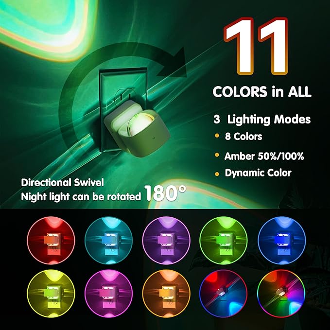 L LOHAS LED Night Light, Color Changing Night Lights Plug into Wall, Rotating White Nightlight, Dusk to Dawn Sensor, RGB Rainbow Nightlights Projector for Bathroom, Gaming Room, Decor, Gifts,2 Pack