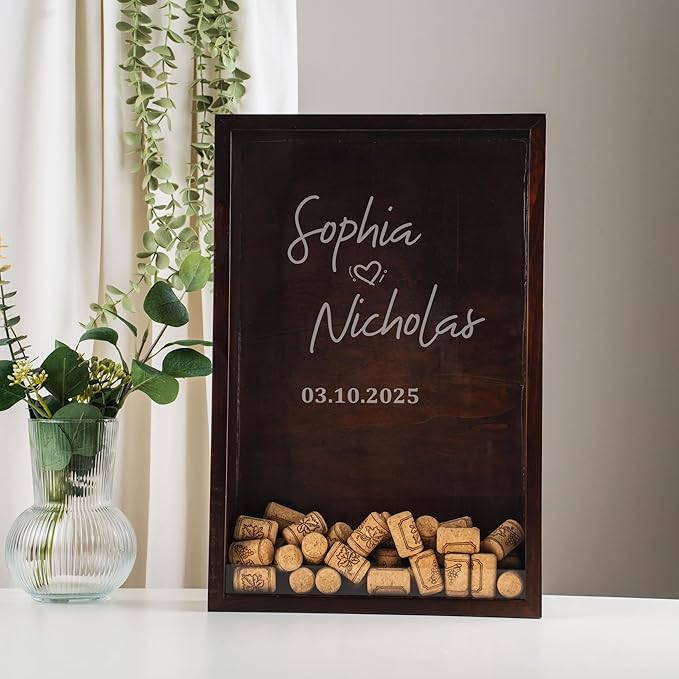 ARYCRAFTS Personalized Wooden Wine Cork Holder Shadow Box – Custom Engraved Display Case for Weddings, Engagements, Anniversaries & Wine Lovers – Rustic Memory Keepsake with Clear Front Panel