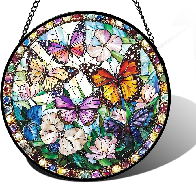 DASTOLL Stained Glass Window Hanging, Colorful Butterfly Suncatcher for Doors Home Sun Catchers Decoration and Christmas, Mother's Day Birthday Gifts for Women, Men, and Mom 11.8x11.8 in
