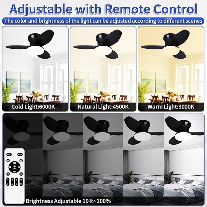 Glowall Small Ceiling Fan with Lights, 25" Flush Mount with Remote Control, Reversible Quiet DC Motor, Black, 3 Blades, 6 Speeds, Dimmable LED, Adjustable Color Temperature, Timer
