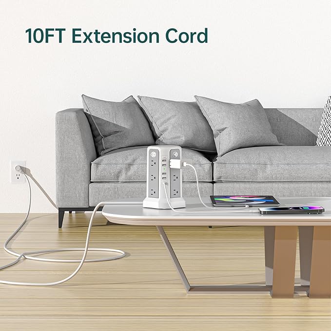 Surge Protector Power Strip Tower with PD18W USB C Port,10FT Extension Cord with 12 AC Mutiple Outlets 5 USB Charging Ports, PASSUS Power Tower Surge Protection for Home Office Dorm Room