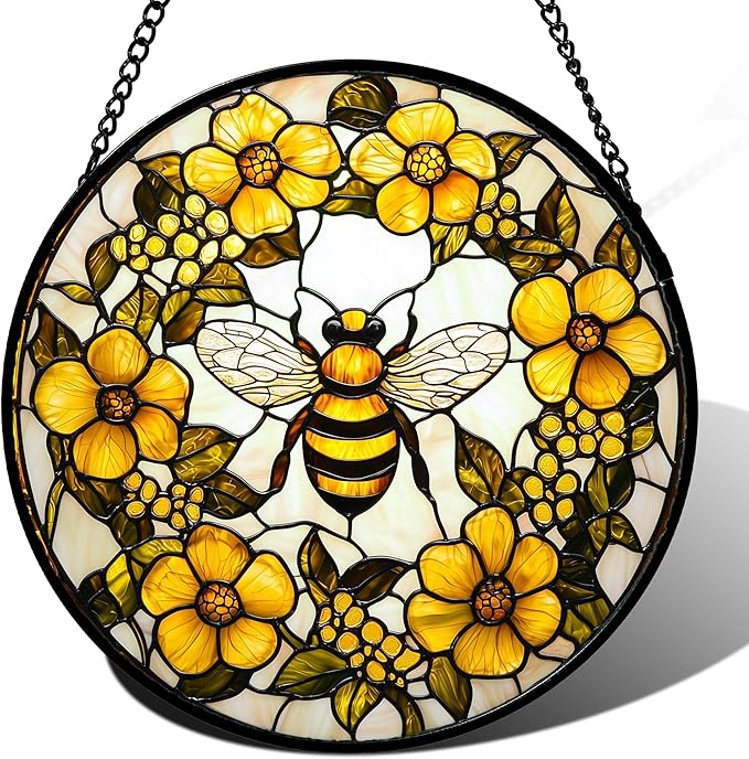 AMDERVEN Stained Glass Window Hanging - Yellow Flowers Surrounded by Bees Sun Catcher for Door Garden Home Decor Cute Suncatcher Christmas Mother's Day Birthday Gifts for Women Men Mom Nana 9.8 in