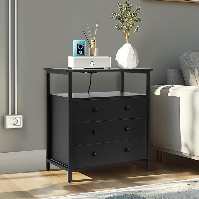 Edbuosy 3 Wooden Drawers Night Stand, 27 Inch Wide Nightstand with Charging Station and Adjustable Drawers, Small Dresser for Closet, Bedside Table for Living Room/Bedroom/Office