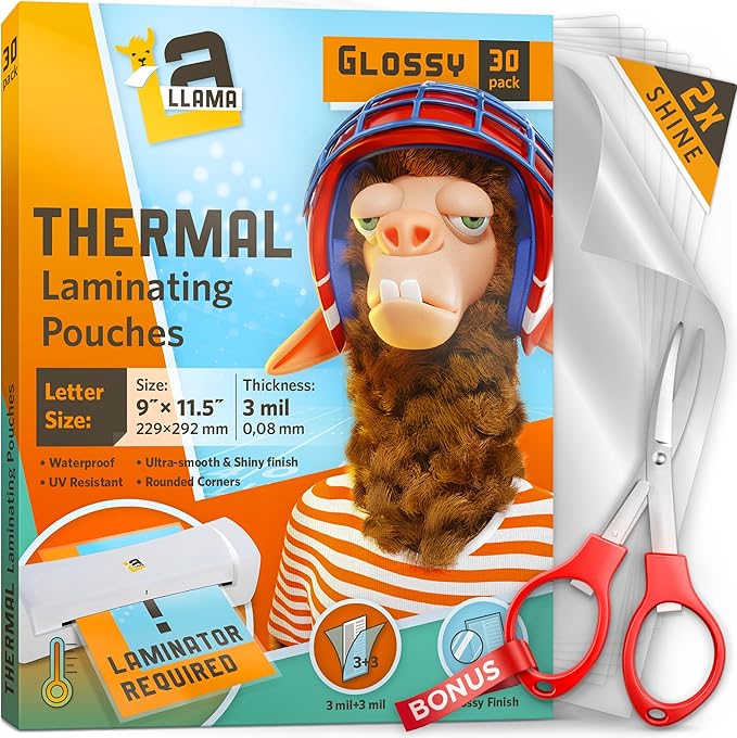 Thermal Laminating Pouches, 9 x 11.5 Inches, 3 Mil Thick, 30 Pack of Glossy Laminator Pouches, Suitable for Letter Size Laminating Sheets 8.5 x 11
