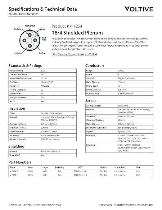 Voltive 18/4 Shielded Low Voltage Wire, Plenum CL3P, Black, 500ft - 18AWG, 4 Conductors, Overall Shield, Stranded Bare Copper, UL Listed - V-1264-2
