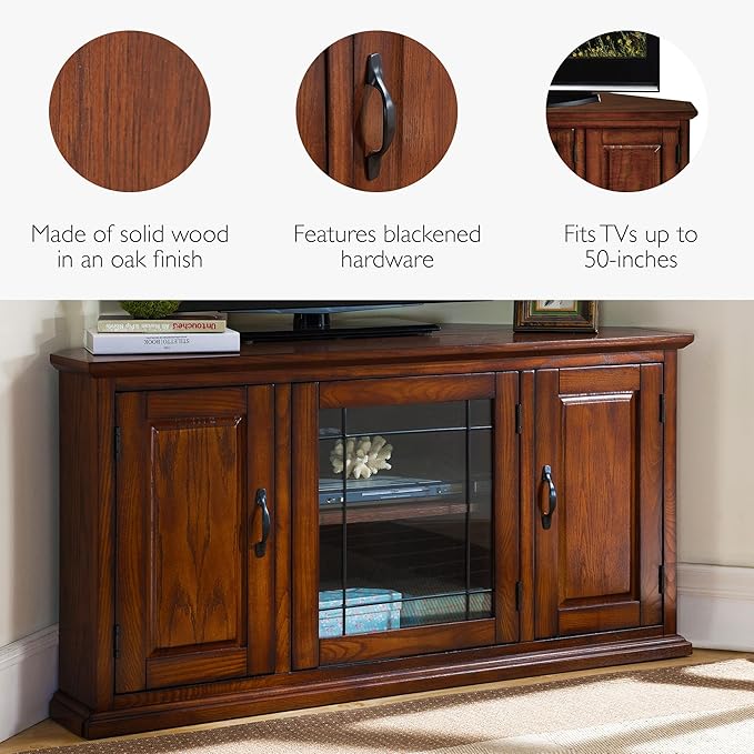 Leick Home 80385 Leaded Glass Three Door Corner TV Stand with Enclosed Storage For 50" TV's, Burnished Oak