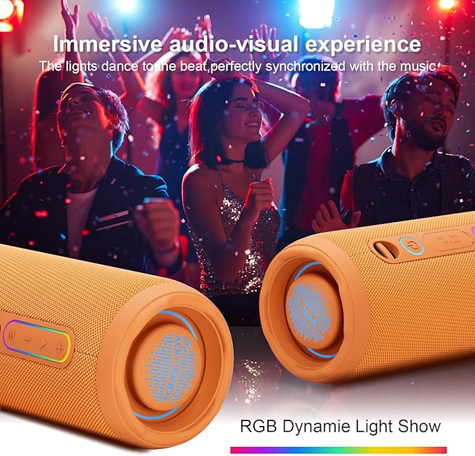 YOLOEMOT Shower Bluetooth Speaker Waterproof, Powerful Deep Bass, Wireless Stereo Pairing, IPX7 Waterproof Dustproof,12H Playtime, Outdoor Bluetooth Speakers for Travel, Sport, Party, Biking (Orange)