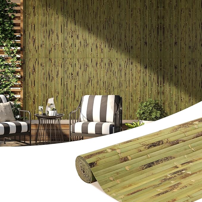 OUZUGIE 1 Pack 96x48 Inch Natural Bamboo Wall Panel – Green Burned Pole Wrap Paneling for Walls, Ceilings, Cabinets, Furniture – Ideal for Bedroom, Living Room & Office DIY Decor