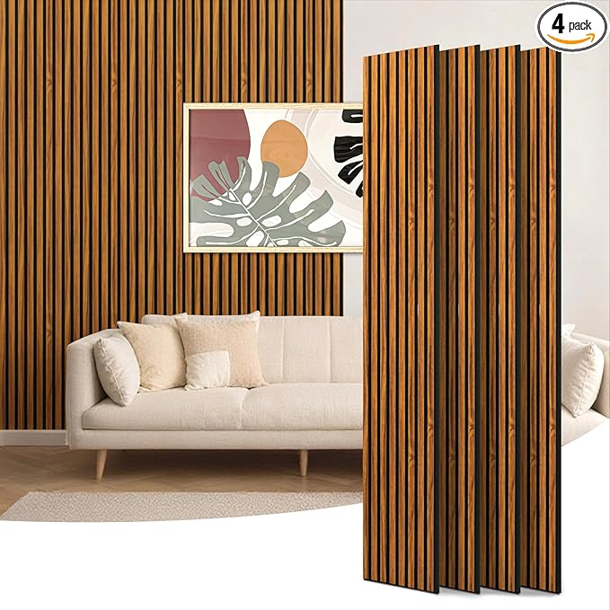 Art3d 4-Piece 94 x 12.6 Inch Acoustic Lightweight Slat Wall Panel - Waterproof Wood Textured Wainscoting Panel of 33 Sq.Ft for Bedroom, Home Theater Office Accent Wall, Teak