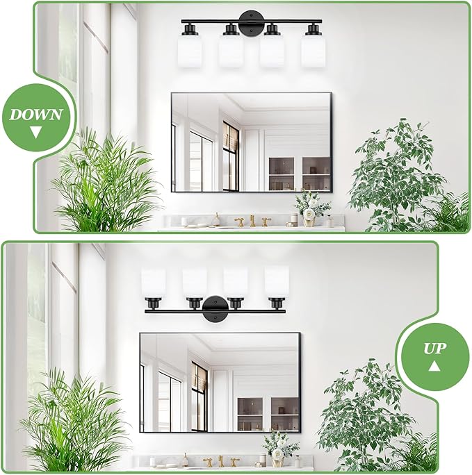 Guliaofo 4-Light Bathroom Light Fixtures, Black Vanity Lights for Mirror with Textured Milky White Glass Shade, Modern Kitchen Light Fixtures Wall Sconce Light - E26 Base