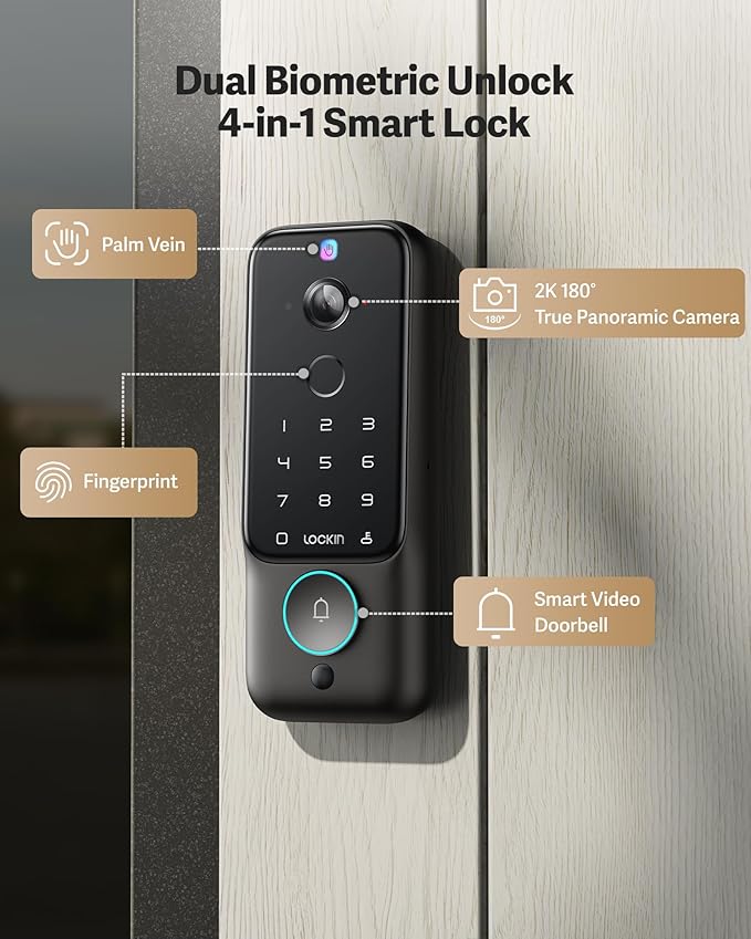 Lockin Veno Plus Smart Lock with Dual Swappable Batteries, 6-Month Power, 2K 180° Camera & Video Doorbell, Palm Vein/Fingerprint Entry, Built-in WiFi, App Control, No Subscription