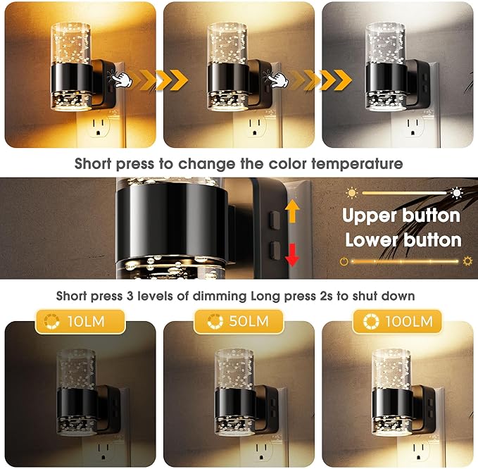 L LOHAS LED Night Lights Plug into Wall, Dimmable Night Light with Dusk-to-Dawn Sensor, Cool White/Soft White/Amber 3 Color Light, Adjustable Brightness, Bubble Nightlight with Rotatable Plug Hallway