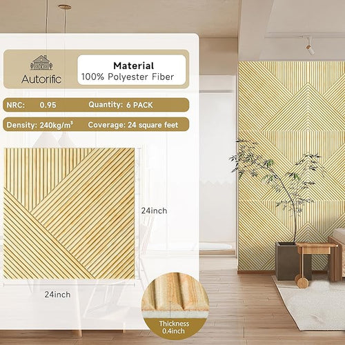 Acoustic Panels for Wall and Ceiling - 6 Pack 2'x2'x0.4",Self-Adhesive 3D UV Printing Decorative Wall Panels with Wood Look,Natural Oak