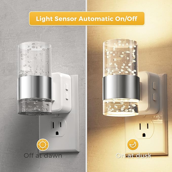 L LOHAS LED Night Lights Plug into Wall, Dimmable Night Light with Dusk-to-Dawn Sensor, Soft White/Cool White/Amber 3 Color Light, Adjustable Brightness, Rotatable Plug, Bubble Nightlight for Hallway