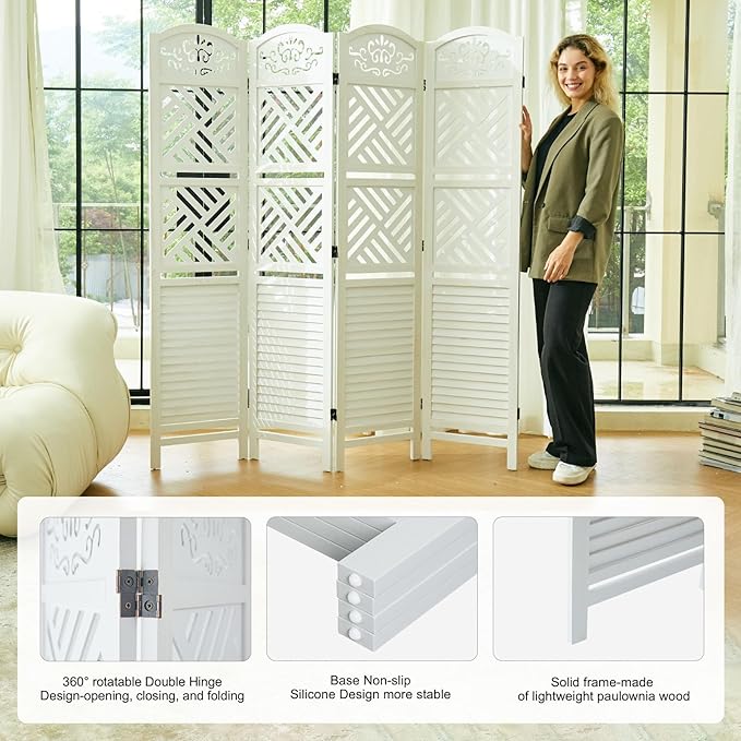 Svimi Room Divider with Shelves, 68.9inch Wood Carved and Louvered Wall Divider Freestanding, 4 Panels Folding Partition Screen for Bedroom Home Office (White)