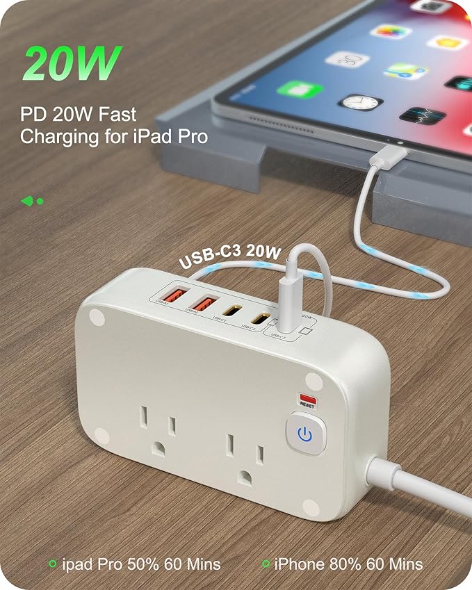 KWRNVO 5FT Portable USB C Power Strip Surge Protector PD 20W Flat Wall Plug Charger Multipl Outlets with 2500W AC Outlets, 3 USB-C Ports, 2 USB-A Ports for Home/Office/Travel