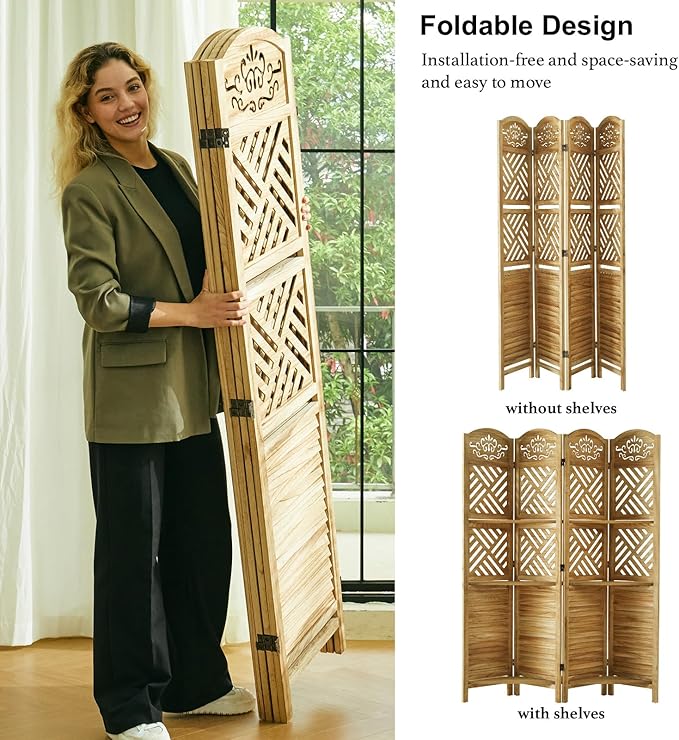 Svimi Room Divider with Shelves, 68.9inch Wood Carved and Louvered Wall Divider Freestanding, 4 Panels Folding Partition Screen for Bedroom Home Office (Natural)