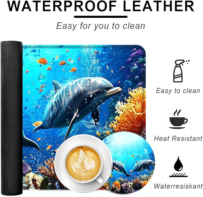 BFUKVOU Large Keyboard Mouse Pad Set, Extended Mouse Pad+Keyboard Wrist Rest Support, Memory Foam Ergonomic Easy Typing, 4Pcs (31.5×11.8 in) Desk Pad Set for Office Home,Underwater Dolphin Scene