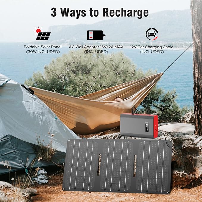Portable Power Station with Foldable Solar Panel Charger 30W, 120W Camping Power Bank with AC Outlet, 110V Battery Pack for Laptop Smart Devices RV Outdoor Travel Hiking Fishing Power Outage Backup