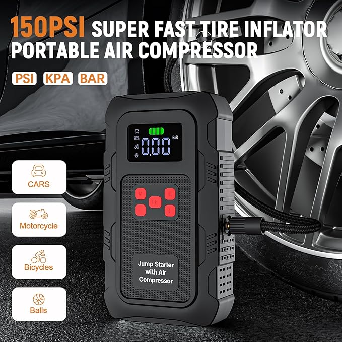 HPBS 6000A Jump Starter with Air Compressor, Portable Car Battery Jump Starter with 150 PSI Tire Inflator for Up to 10.0L Gas and 8.0L Diesel Engines, 12V Jump Box with LCD Display