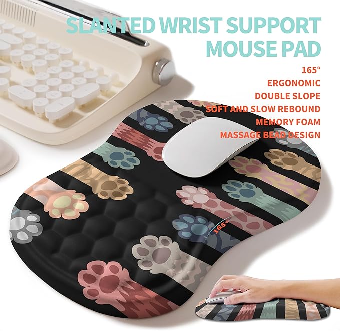 KUOSGM 2-in-1 Ergonomic Set, Wave Rise Keyboard Wrist Rest and Massage Bulge Slope Mouse Pad Wrist Support, Cushion Memory Foam Integrated to Relieve Wrist Pain, Multicolour Cat Claws