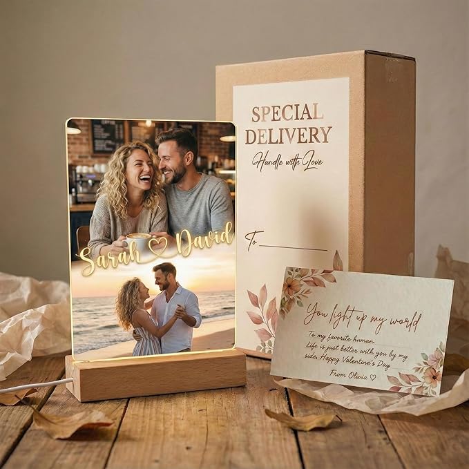 MamaEra Valentine’s Day Gift for Him - Personalized Photo Collage Night Light for Couples - Custom Acrylic LED Lamp with Names & Engraved Wooden Base - Romantic Anniversary, Wedding