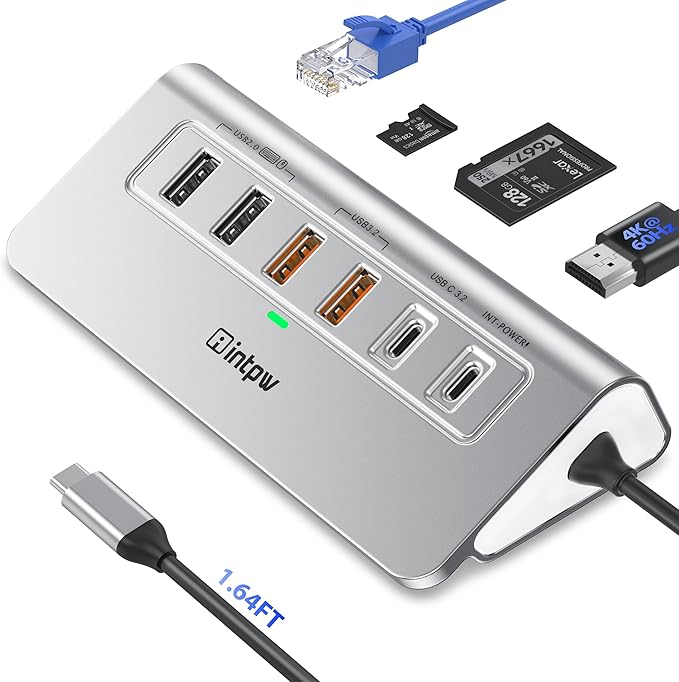 intpw P9R PRO USB C Hub Ethernet, 10 in 1 USB Docking Station 10Gbps with 4K@60Hz HDMI, USB C and 2 USB A 3.2, LAN, 2 USB A 2.0, PD 100W, SD/TF Ports, USB to Ethernet Adapter for PC, iPhone 16/15, Mac
