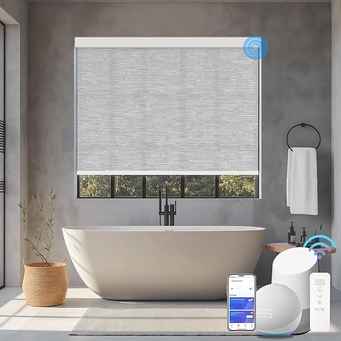 COOLWINDS Motorized Blinds with Remote Cordless Automatic Motorized Shades Custom Blinds for Windows Smart Curtains Compatible with Alexa Google Home(Light Filtering Jacquard Grey,W60 x H72in)