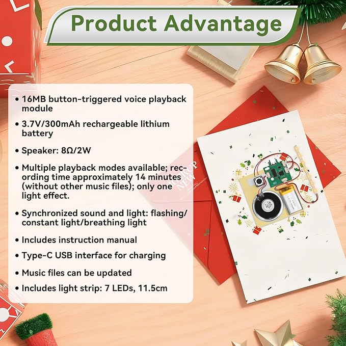 2PCS Customize Recording Module with LED Strip DIY Music Voice Recording Module Chip with Speaker,Type-C Cable,Capability16 Minutes Music for Personalized Greetings, Holiday Crafts Cards with Manual