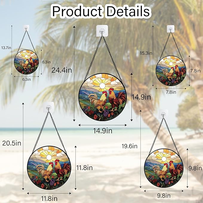 AMDERVEN Stained Glass Window Hanging, Countryside Scenery Chicken Sun Catcher for Door Home Decor Sunrise Suncatcher Christmas Mother's Day Birthday Gifts for Women Men Mom Nana 6.3 in