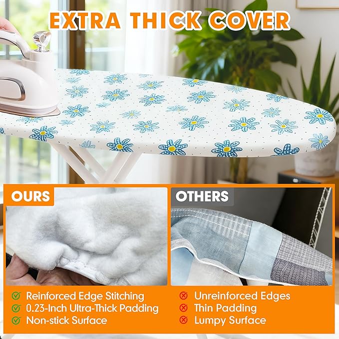Ironing Board Cover and Pad, 15x54 Standard Size Thick Iron Padding, Scorch & Stain Resistant Ironing Board Cover, Heavy Duty Iron Board Padded with Adjustable Fasteners Durable Elastic Edge, Daisy