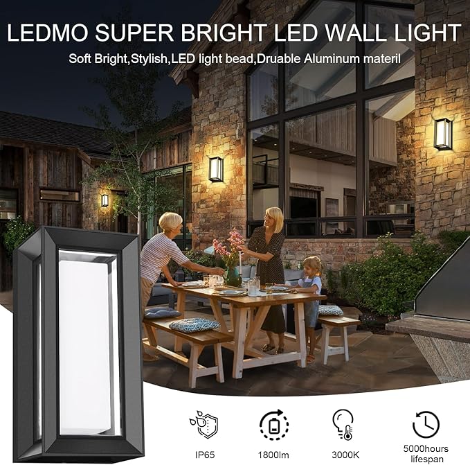ledmo Outdoor Wall Light 1800Lm Modern Outdoor Porch Light 3000K Bright Lighting Black Exterior Lighting Fixture Waterproof Christmas Fixture for House,Patio,Garage,Backyard,Hallway（2 Pack