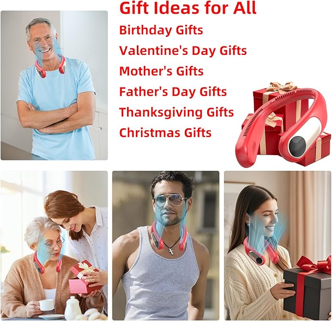 Portable Neck Fan,Personal Wearable Bladeless Fan,LED Display,4-Speeds,6000mAh USB Rechargeable,360° Strong Cooling Wind,Hands Free,White Elephant Gift,Christmas Gifts for Men Women Dad Mom (Red)