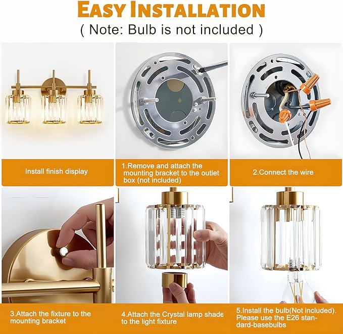 EJIAXIN Bathroom Lighting Fixtures, 3 Light Gold Bathroom Light Fixtures with Clear Shades Modern Crystal Vanity Light Bath Room Vanity Lighting Over Mirror Wall Light
